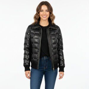 Rock & Republic Studded Lamb Leather Bomber Quilted Puffer Jacket  Black